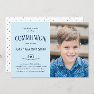 Invitation Dusty Blue Modern First Holy Communion Boy Photo 