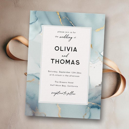 Invitation Dusty Blue Modern Frame Elegant Chic Beach Wedding