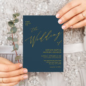 Invitation Dusty Blue Modern Gold Script Tout en un Mariage