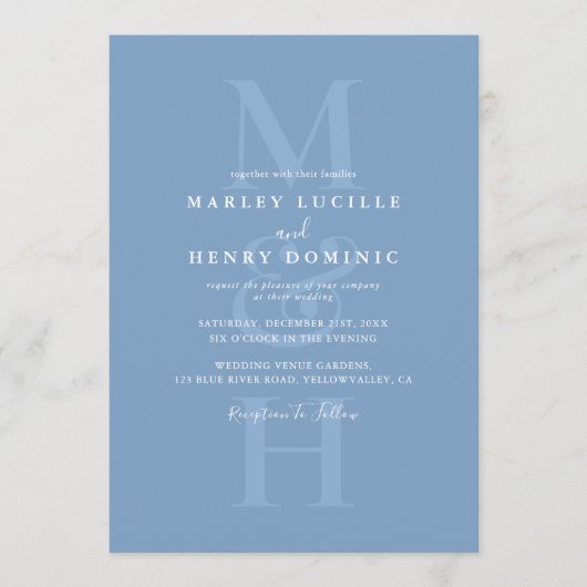 Invitation Dusty Blue Modern Monogram Overlay Wedding (Devant)