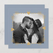 Invitation Dusty Blue Modern Photo Gold Hearts Mariage (Devant / Derrière)