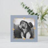 Invitation Dusty Blue Modern Photo Gold Hearts Mariage (Debout devant)