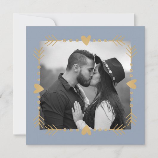 Invitation Dusty Blue Modern Photo Gold Hearts Mariage (Devant)
