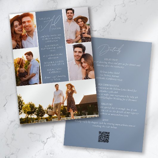 Invitation Dusty Blue Modern Photo QR Code Tout en un Mariage