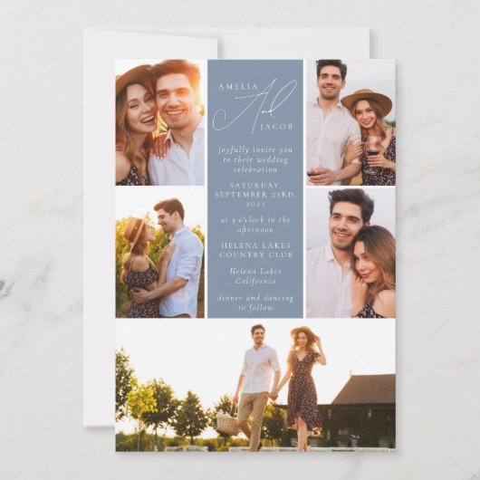 Invitation Dusty Blue Modern Photo QR Code Tout en un Mariage (Devant)