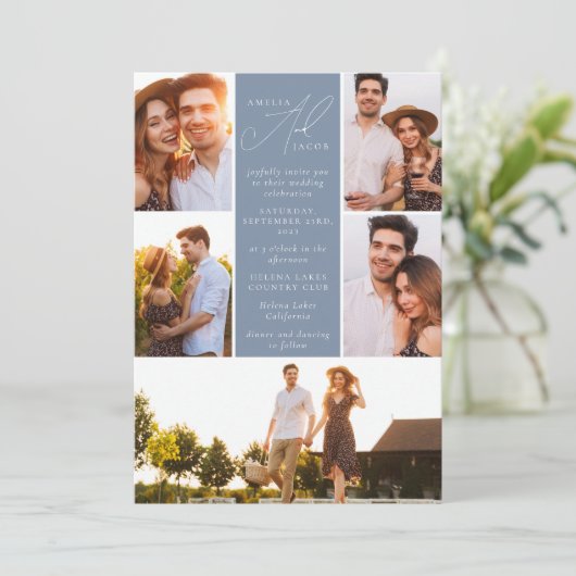 Invitation Dusty Blue Modern Photo QR Code Tout en un Mariage (Debout devant)