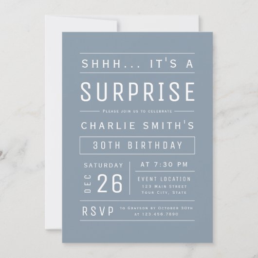 Invitation Dusty Blue Modern Typographie Surprise Anniversair (Devant)