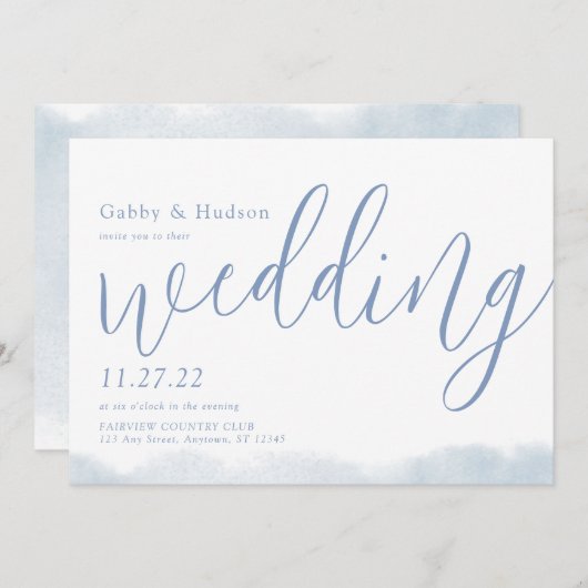 Invitation Dusty Blue Moderne Aquarelle Typographie Mariage (Devant / Derrière)