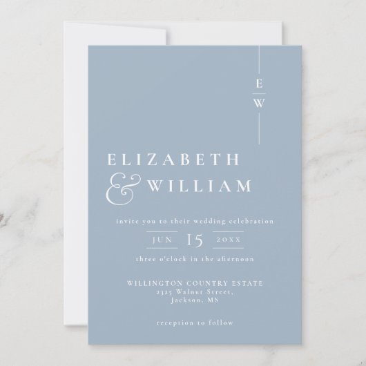 Invitation Dusty Blue Moderne Élégant Mariage Monogramme (Devant)