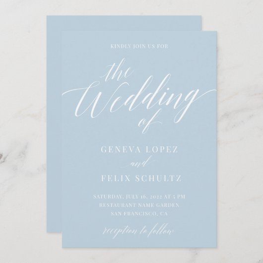 Invitation Dusty Blue Moderne Élégante Calligraphie Mariage I (Devant / Derrière)