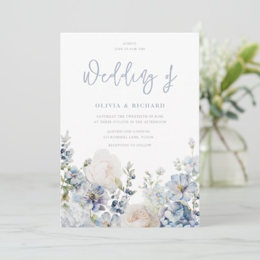 Invitation Dusty Blue Moderne Floral Toutes saisons Mariage (Debout devant)