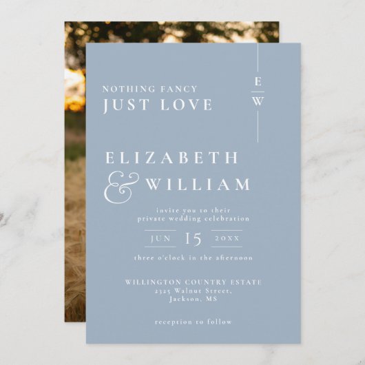Invitation Dusty Blue Moderne Monogramme Photo Mariage intime (Devant / Derrière)