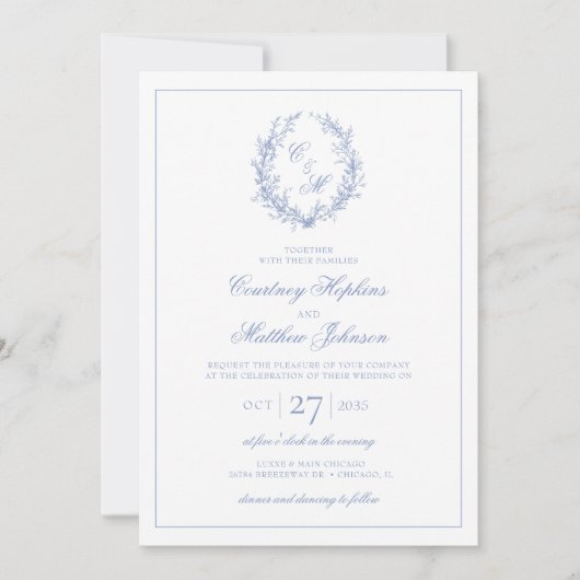 Invitation Dusty Blue Monogram Mariage de couronne botanique (Devant)