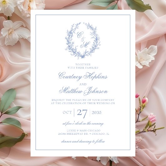 Invitation Dusty Blue Monogram Mariage de couronne botanique