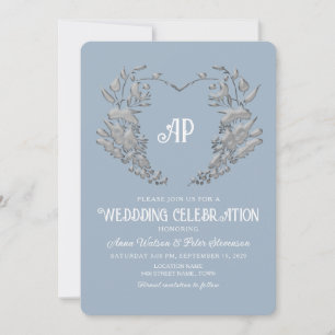 Invitation Dusty Blue Monogram Mariage vintage