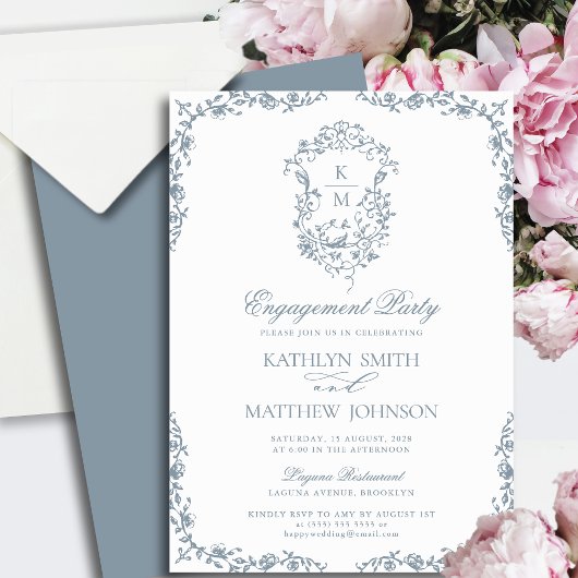 Invitation Dusty Blue Monogram Vintage Crest