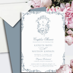 Invitation Dusty Blue Monogram Vintage Crest Couples Douche