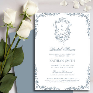 Invitation Dusty Blue Monogram Vintage Crest Fête des mariées