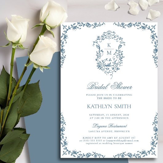 Invitation Dusty Blue Monogramme Floral Fête des mariées Vint