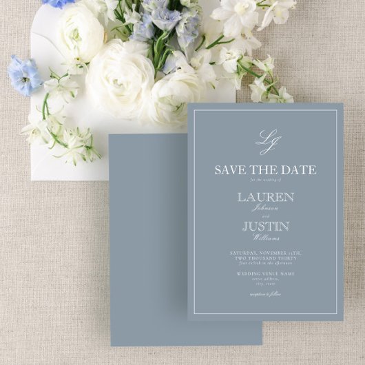 Invitation Dusty Blue Monogramme moderne Script Enregistrer l
