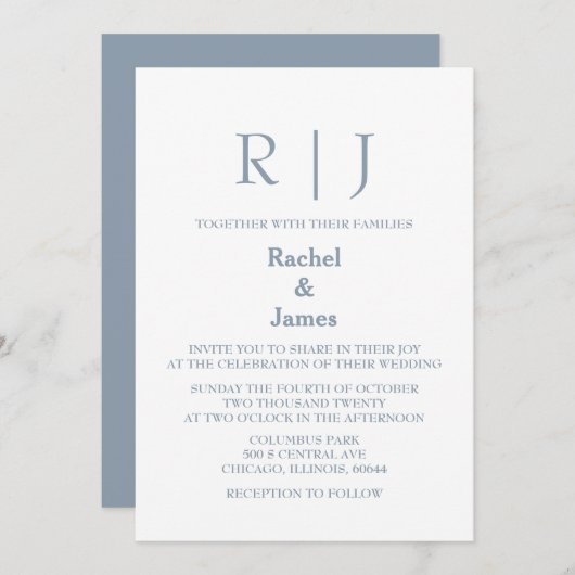 Invitation Dusty Blue Monogramme QR Code Classy Minimal Maria (Devant / Derrière)