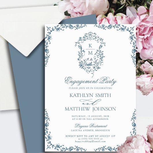 Invitation Dusty Blue Monogramme Vintage