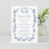 Invitation Dusty Blue Monogramme Vintage Frame Engagement Par (Debout devant)