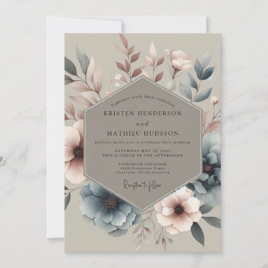 Invitation Dusty Blue Muted Bloom Wedding (Devant)