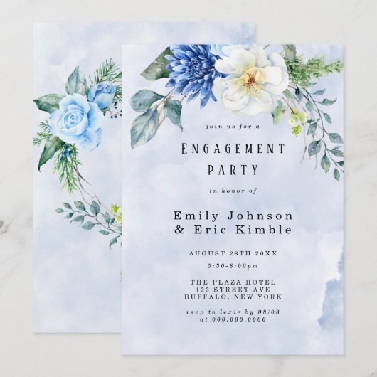 Invitation Dusty Blue Navy Aquarelle Floral Engagement Party (Devant / Derrière)