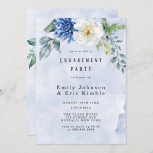 Invitation Dusty Blue Navy Aquarelle Floral Engagement Party