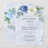 Invitation Dusty Blue Navy Aquarelle Floral Engagement Party (Devant / Derrière)