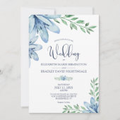 Invitation Dusty Blue & Navy Blue Blooms Mariage (Devant)