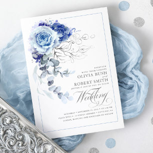 Invitation Dusty Blue & Navy Blue Boho Silver Floral Mariage