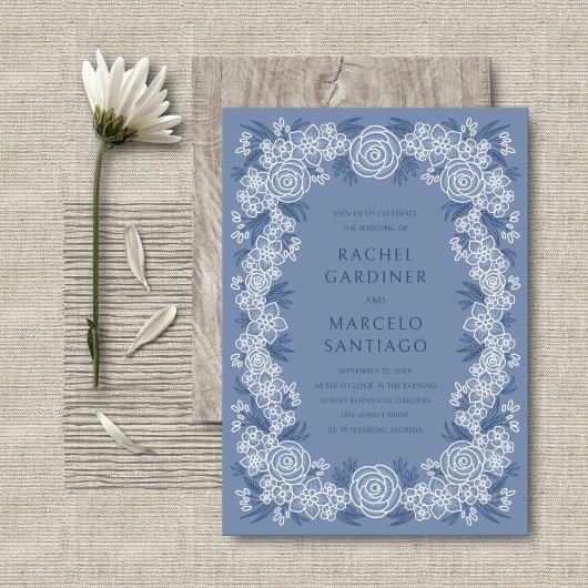 Invitation Dusty Blue Navy Botanical Floral Mariage