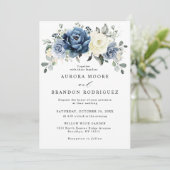 Invitation Dusty Blue Navy Champagne Ivory Floral Mariage (Debout devant)