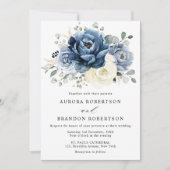 Invitation Dusty Blue Navy Champagne Ivory Floral Mariage (Devant)