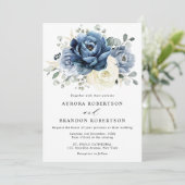 Invitation Dusty Blue Navy Champagne Ivory Floral Mariage (Debout devant)