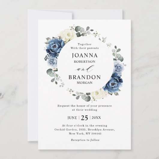 Invitation Dusty Blue Navy Champagne Ivory Floral Mariage (Devant)
