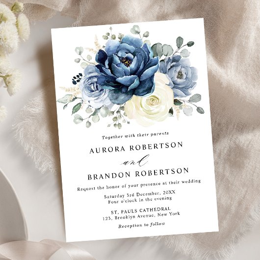 Invitation Dusty Blue Navy Champagne Ivory Floral Mariage
