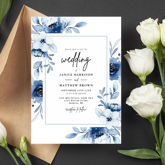Invitation Dusty Blue Navy Champagne Ivory Floral Mariage