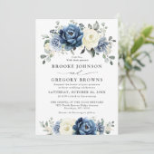 Invitation Dusty Blue Navy Champagne Ivory Floral Mariage (Debout devant)