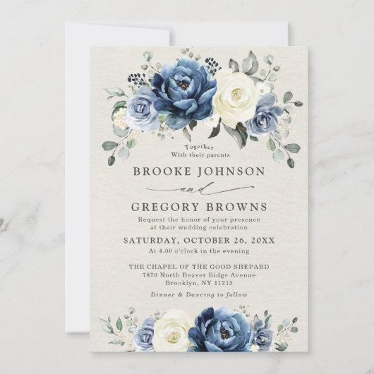 Invitation Dusty Blue Navy Champagne Ivory Floral Mariage En (Devant)