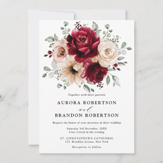 Invitation Dusty Blue Navy Champagne Ivory Floral Mariage Inv (Devant)