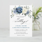 Invitation Dusty Blue Navy Champagne Ivory Floral Mariage Inv (Debout devant)