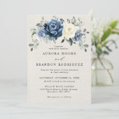Invitation Dusty Blue Navy Champagne Ivory Floral Mariage Inv (Debout devant)