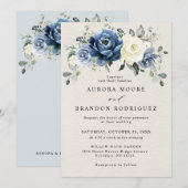Invitation Dusty Blue Navy Champagne Ivory Floral Mariage Inv (Devant / Derrière)