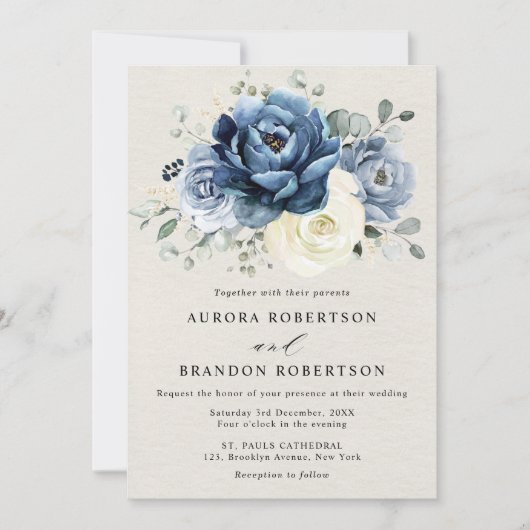 Invitation Dusty Blue Navy Champagne Ivory Floral Mariage Inv (Devant)