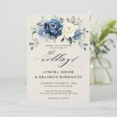 Invitation Dusty Blue Navy Champagne Ivory Floral Mariage Inv (Debout devant)