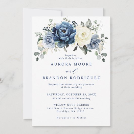 Invitation Dusty Blue Navy Champagne Ivory Floral Mariage Inv (Devant)
