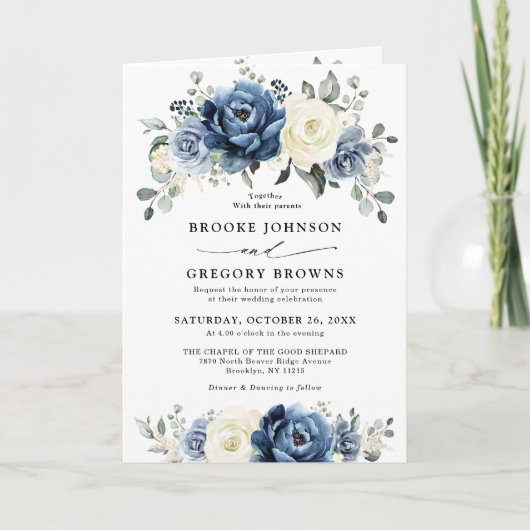Invitation Dusty Blue Navy Champagne Ivory Folk Mariage (Devant)